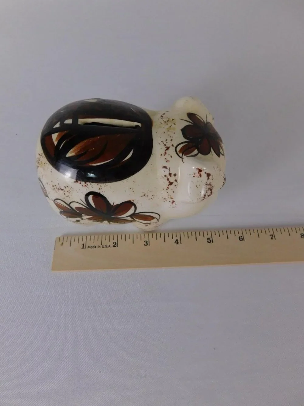 Vintage Hawaii Small Ceramic Piggy Coin Bank Brown Flower Kawaii Decor Figurine
